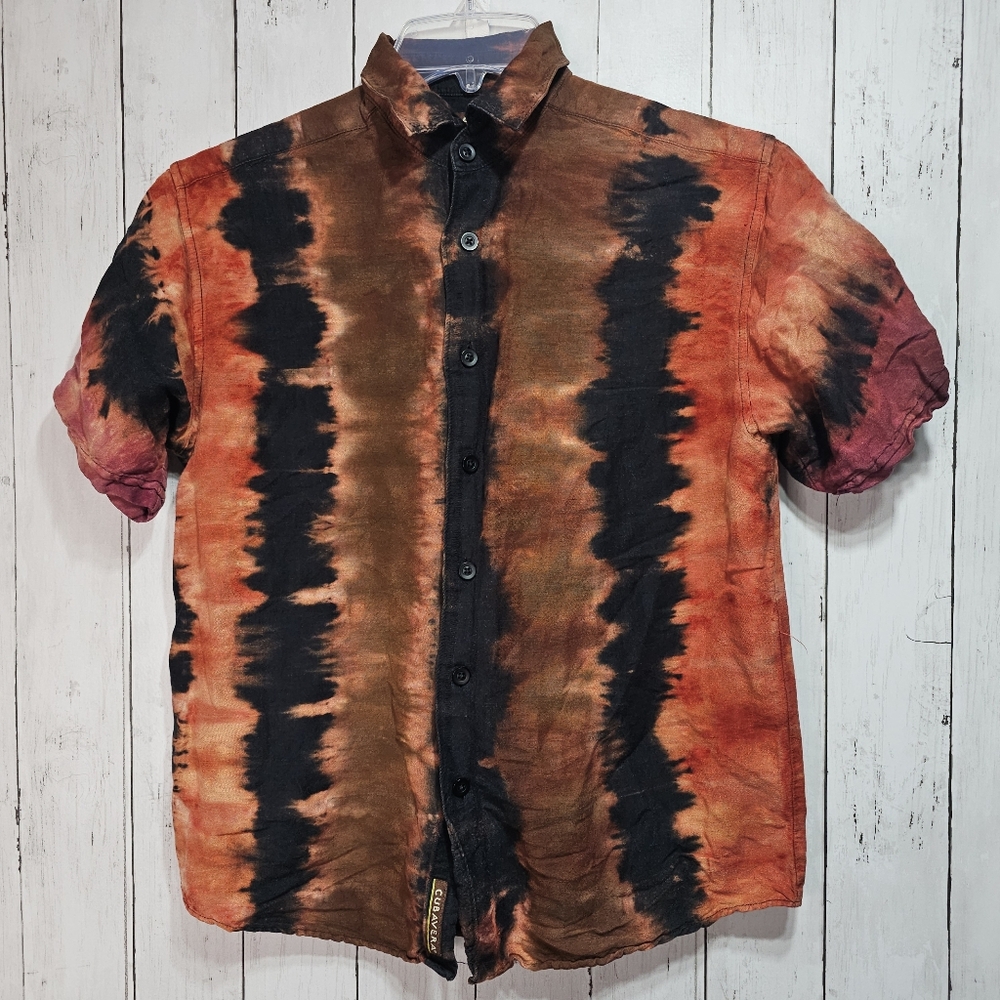 Cubavera Women's Tie Dye Orange Brown Linen Blend Button Up Shirt Size Small.